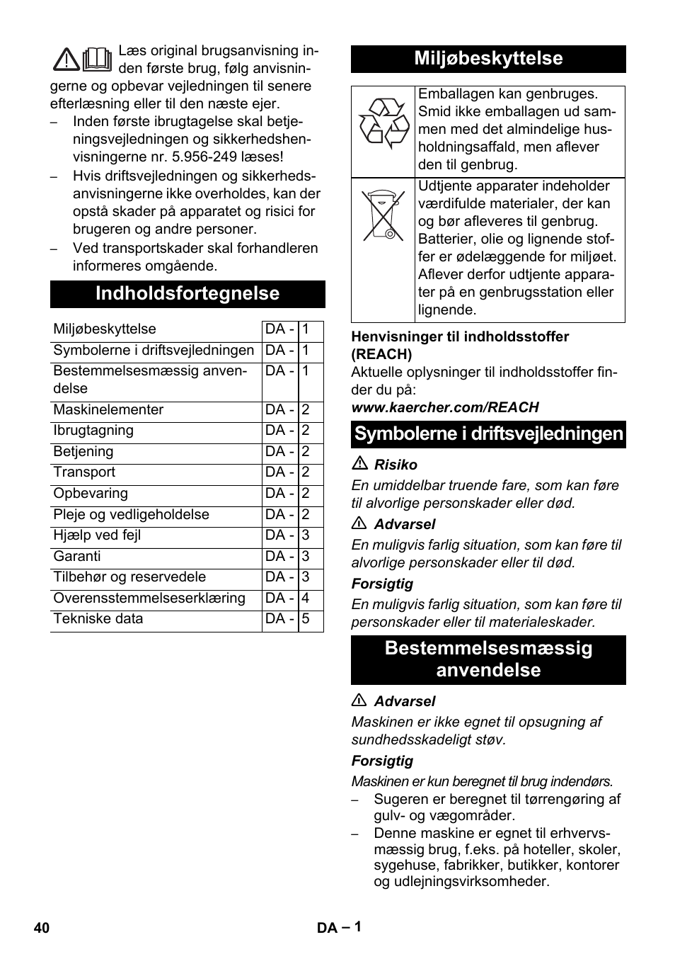 Dansk, Indholdsfortegnelse, Miljøbeskyttelse | Karcher T 12-1 eco!efficiency User Manual | Page 40 / 152