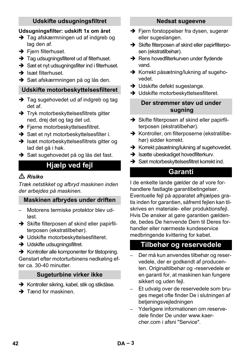 Hjælp ved fejl, Garanti tilbehør og reservedele | Karcher T 12-1 eco!efficiency User Manual | Page 42 / 152
