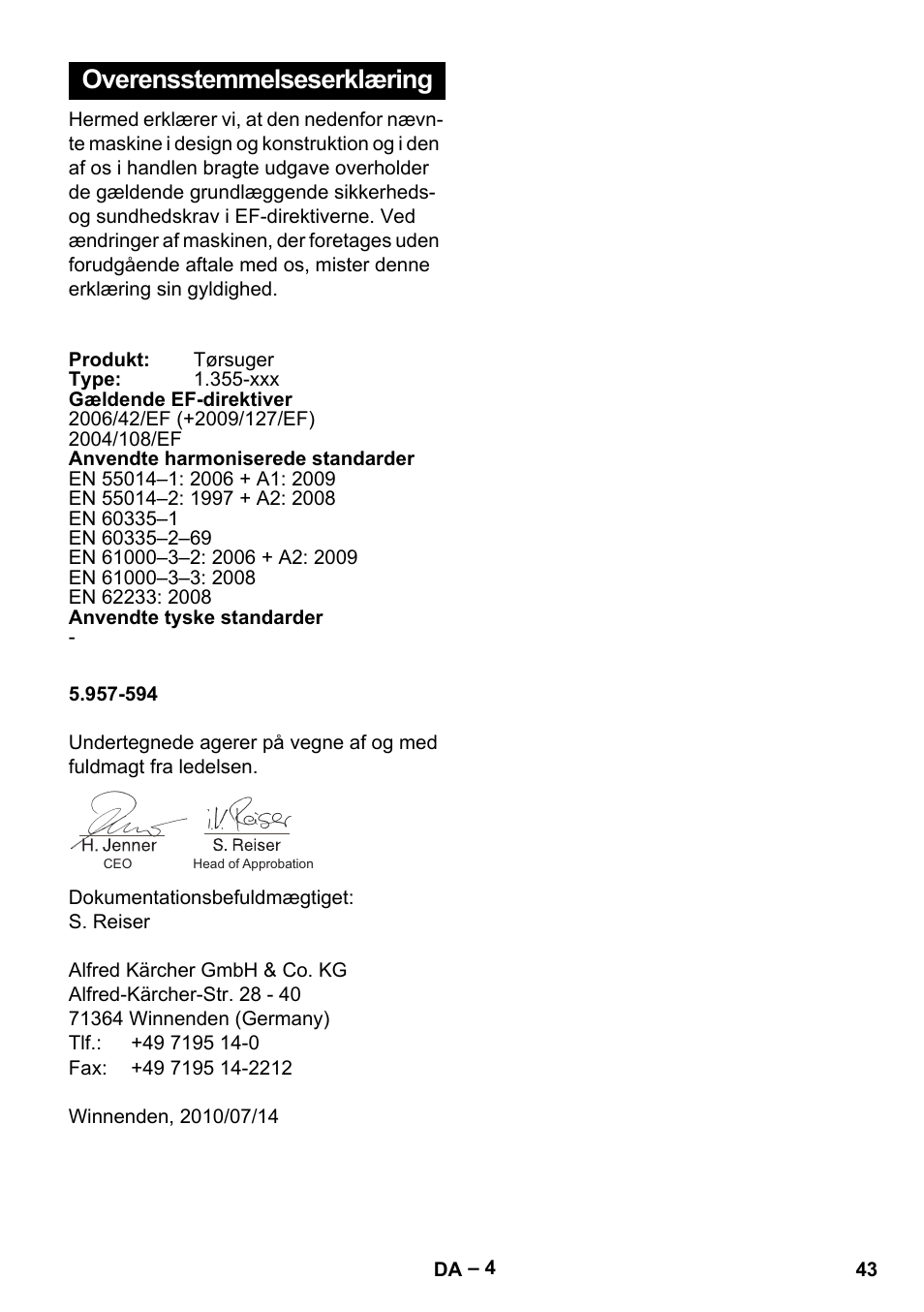 Overensstemmelseserklæring | Karcher T 12-1 eco!efficiency User Manual | Page 43 / 152
