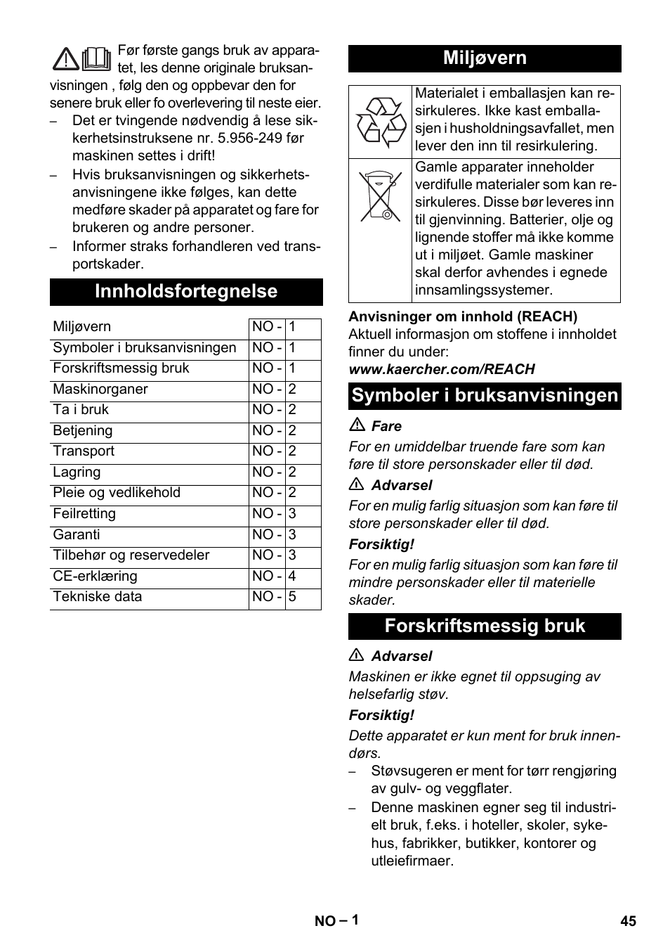 Norsk, Innholdsfortegnelse, Miljøvern | Symboler i bruksanvisningen forskriftsmessig bruk | Karcher T 12-1 eco!efficiency User Manual | Page 45 / 152