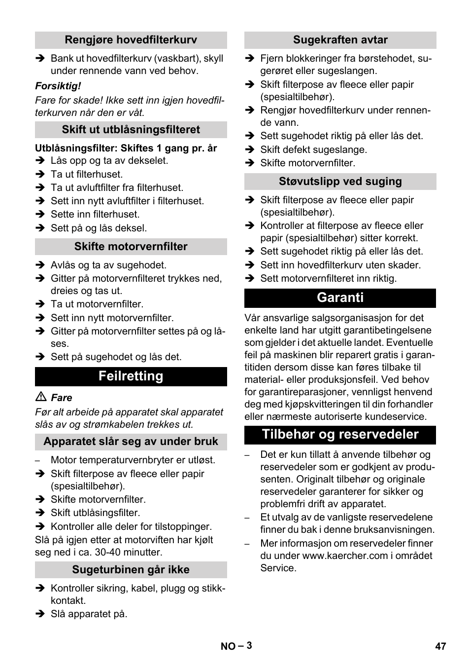 Feilretting, Garanti tilbehør og reservedeler | Karcher T 12-1 eco!efficiency User Manual | Page 47 / 152