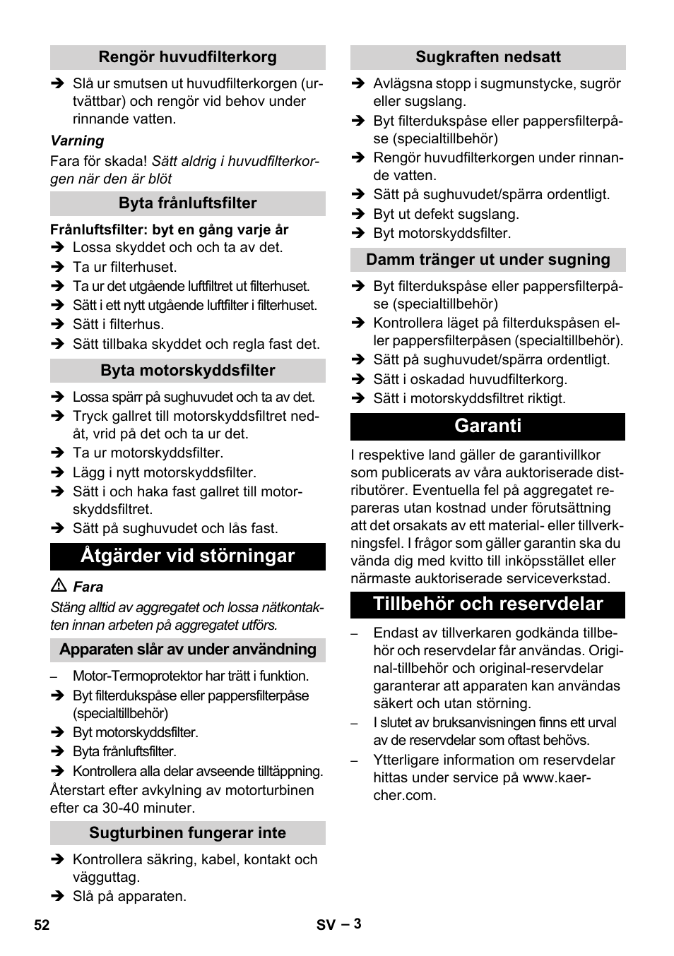 Åtgärder vid störningar, Garanti tillbehör och reservdelar | Karcher T 12-1 eco!efficiency User Manual | Page 52 / 152