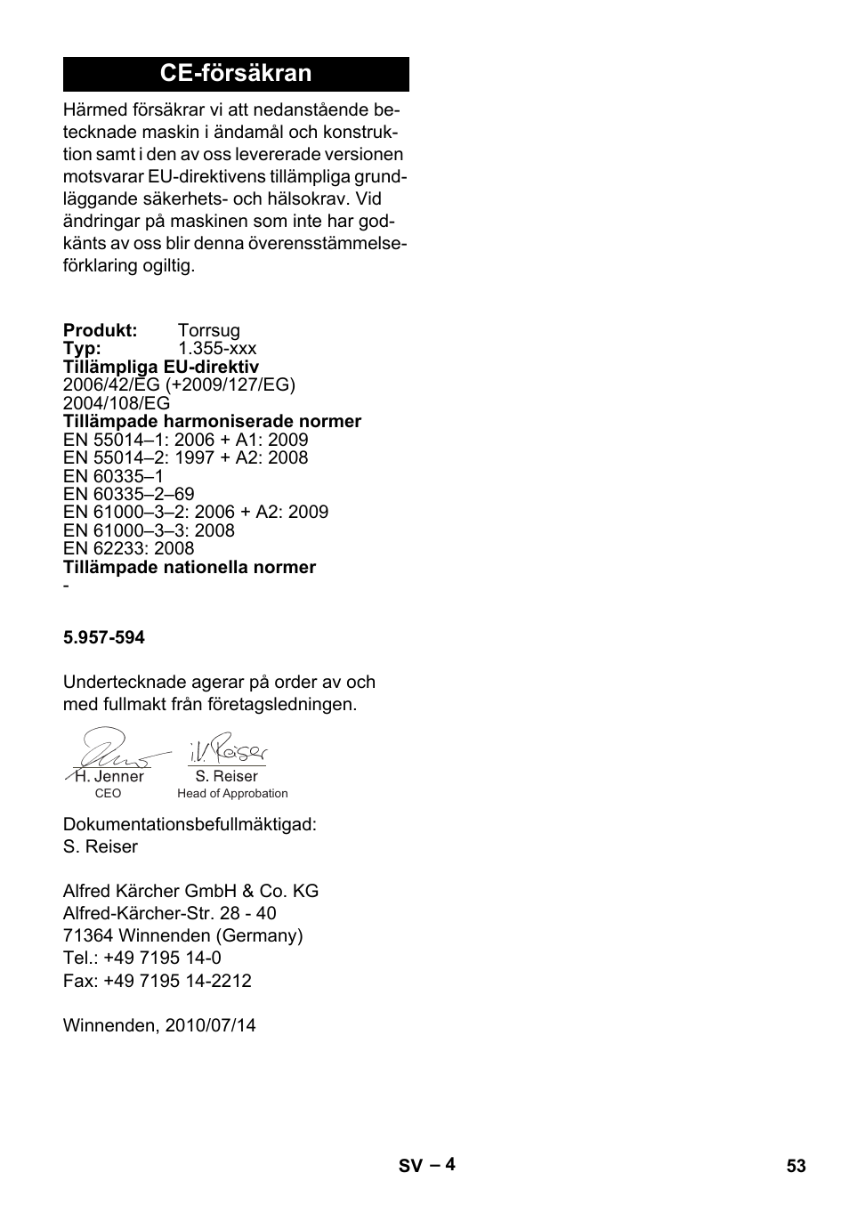 Ce-försäkran | Karcher T 12-1 eco!efficiency User Manual | Page 53 / 152