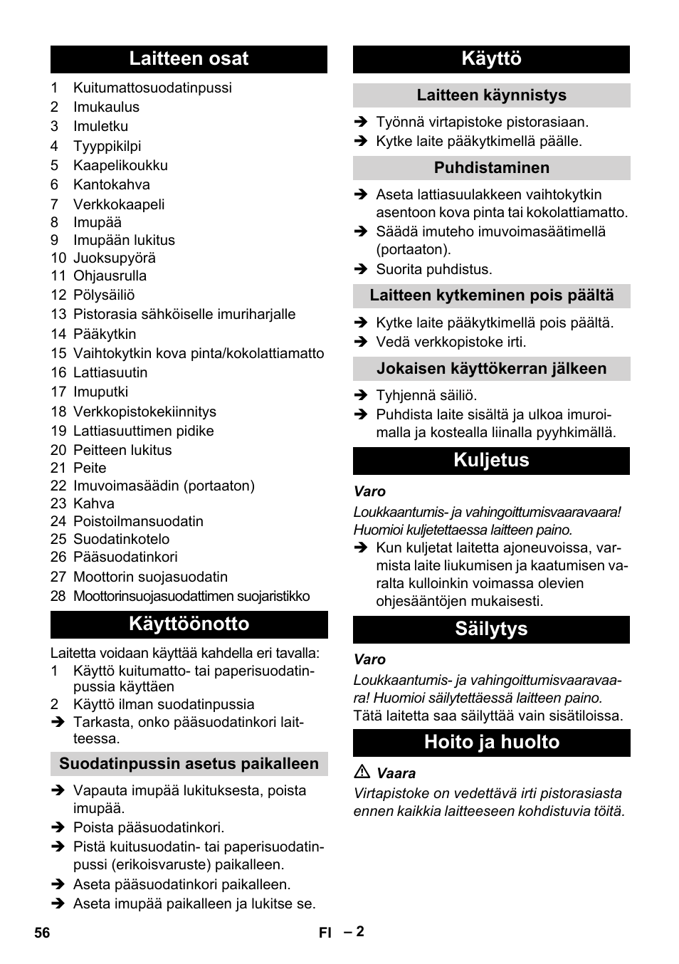 Laitteen osat käyttöönotto, Käyttö, Kuljetus säilytys hoito ja huolto | Karcher T 12-1 eco!efficiency User Manual | Page 56 / 152