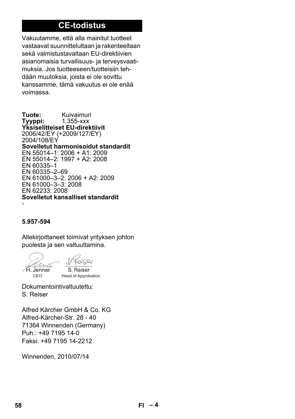 Ce-todistus | Karcher T 12-1 eco!efficiency User Manual | Page 58 / 152