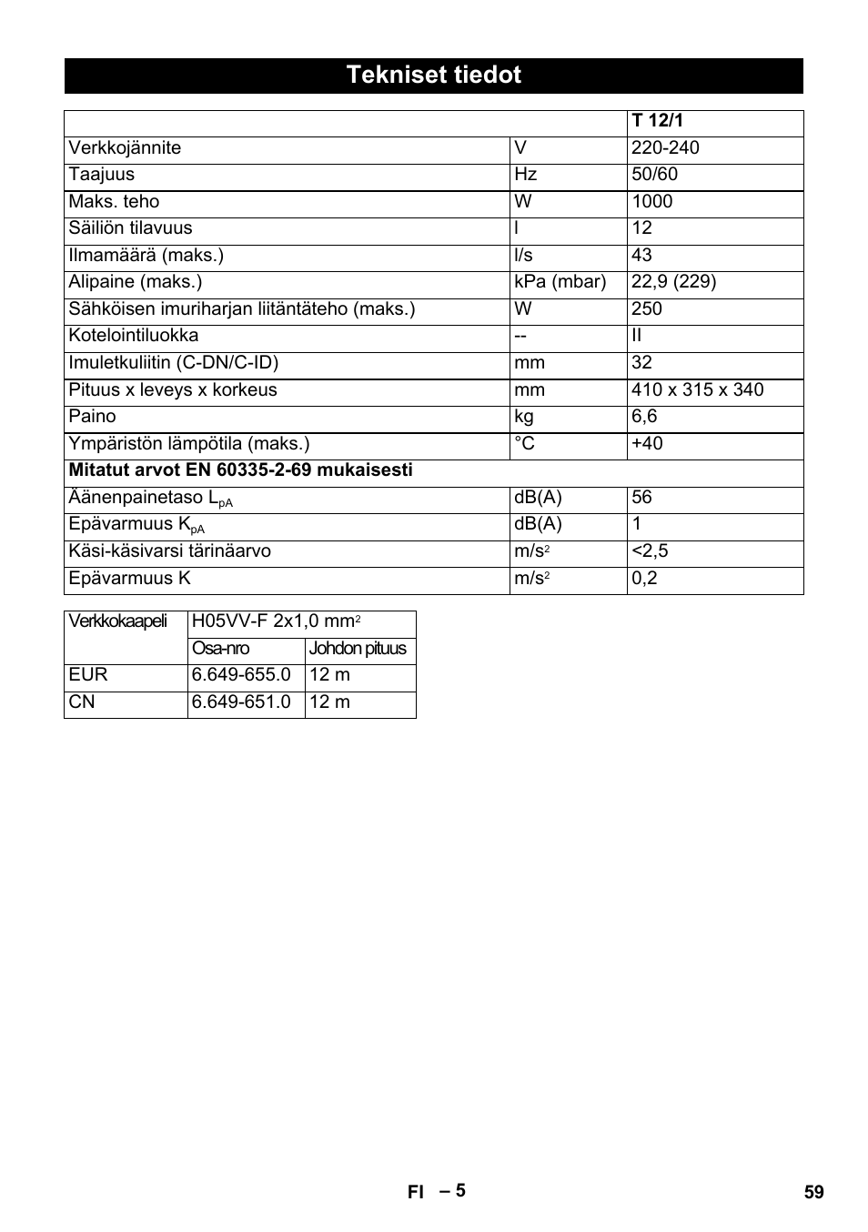 Tekniset tiedot | Karcher T 12-1 eco!efficiency User Manual | Page 59 / 152