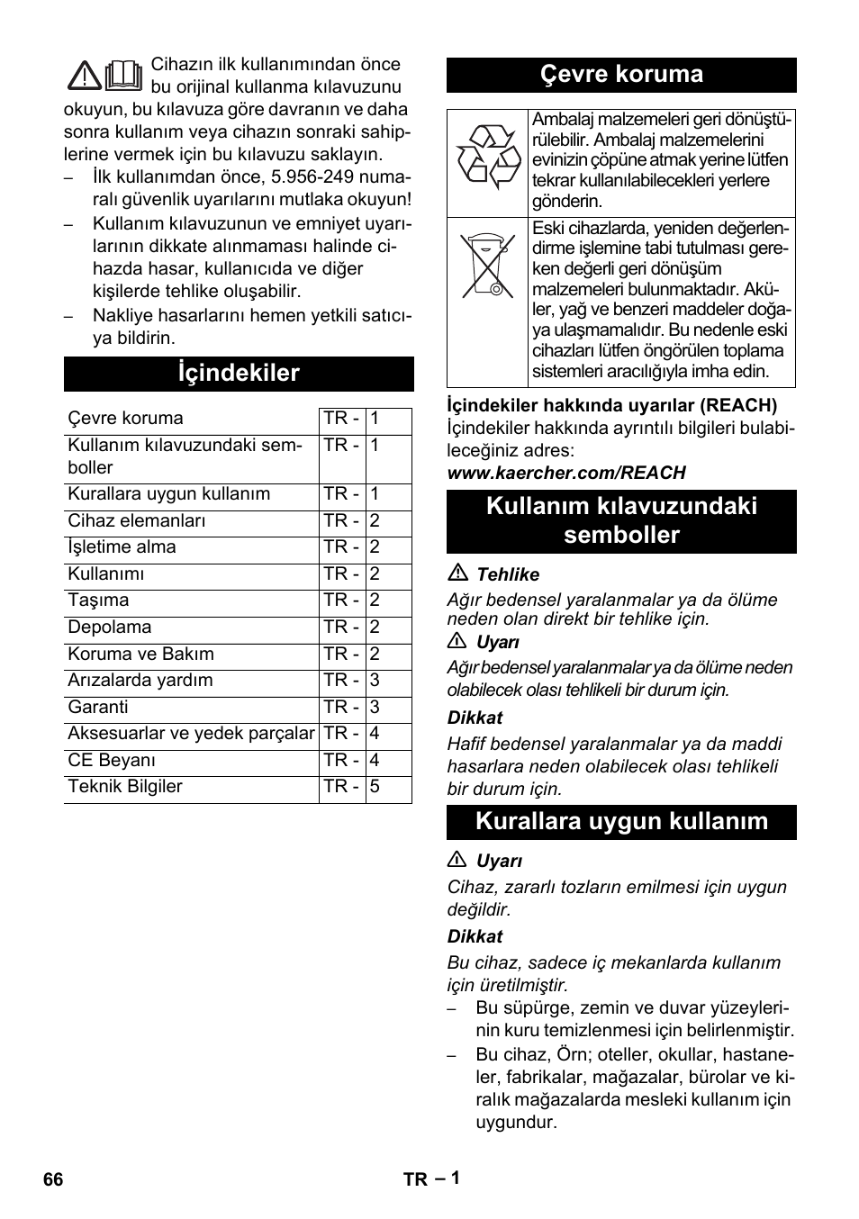 Türkçe, Içindekiler, Çevre koruma | Karcher T 12-1 eco!efficiency User Manual | Page 66 / 152