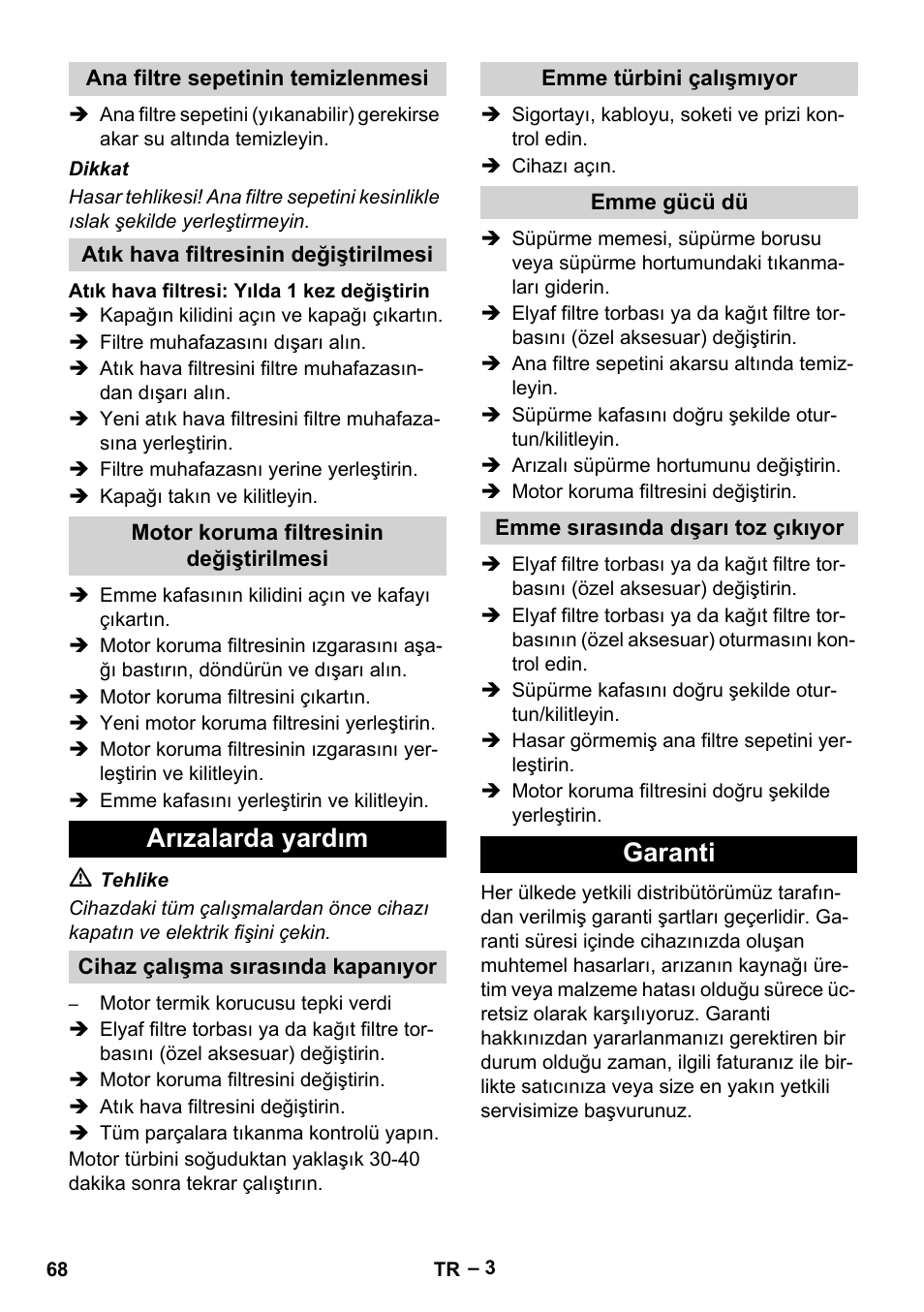 Arızalarda yardım, Garanti | Karcher T 12-1 eco!efficiency User Manual | Page 68 / 152