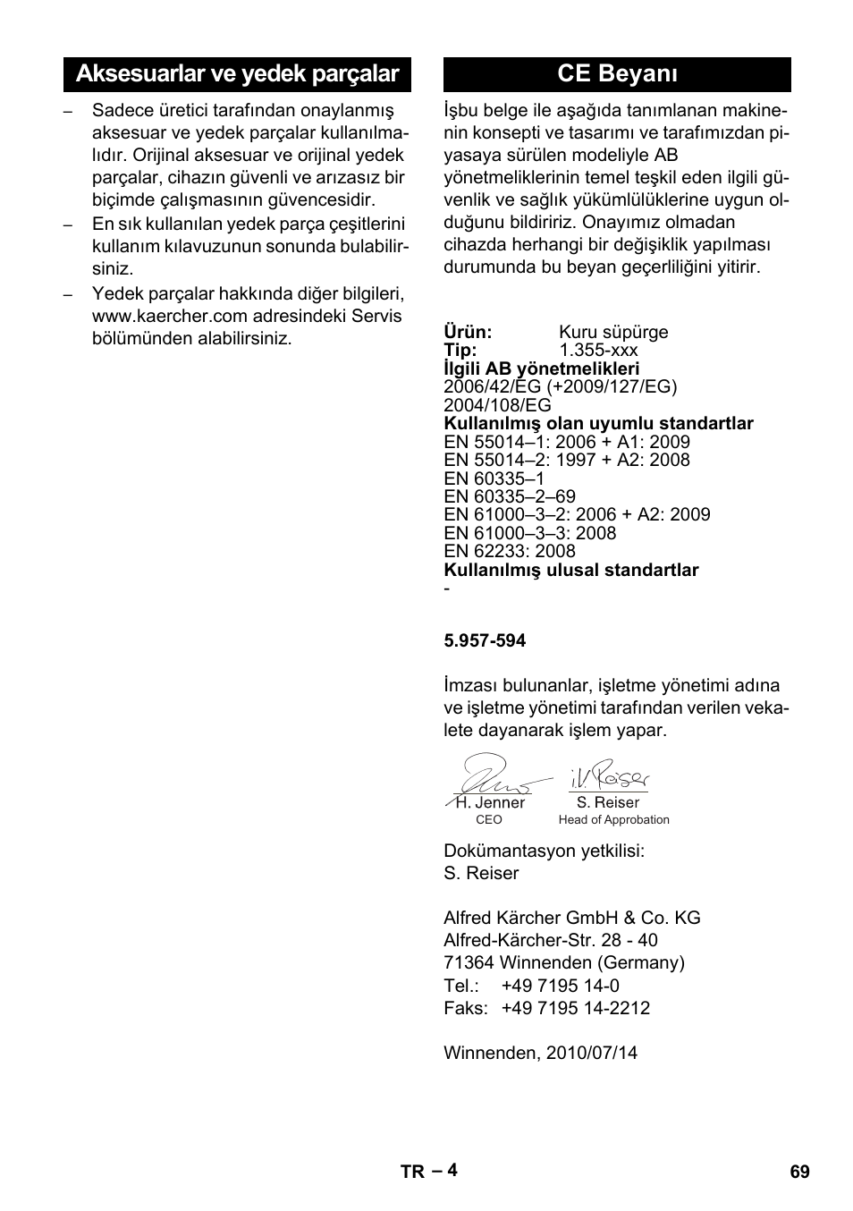 Aksesuarlar ve yedek parçalar ce beyanı | Karcher T 12-1 eco!efficiency User Manual | Page 69 / 152