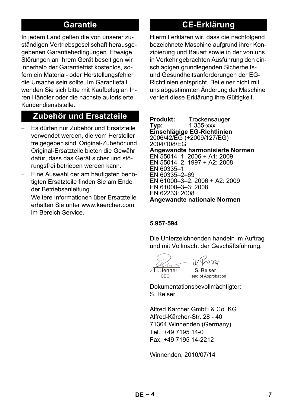 Garantie zubehör und ersatzteile ce-erklärung | Karcher T 12-1 eco!efficiency User Manual | Page 7 / 152