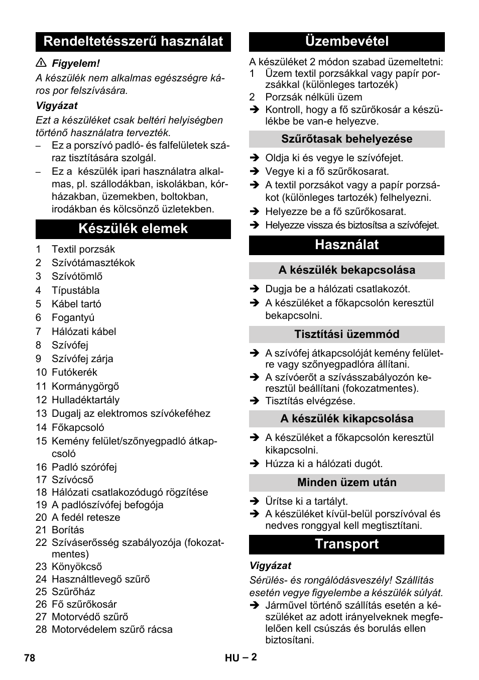 Használat, Transport | Karcher T 12-1 eco!efficiency User Manual | Page 78 / 152