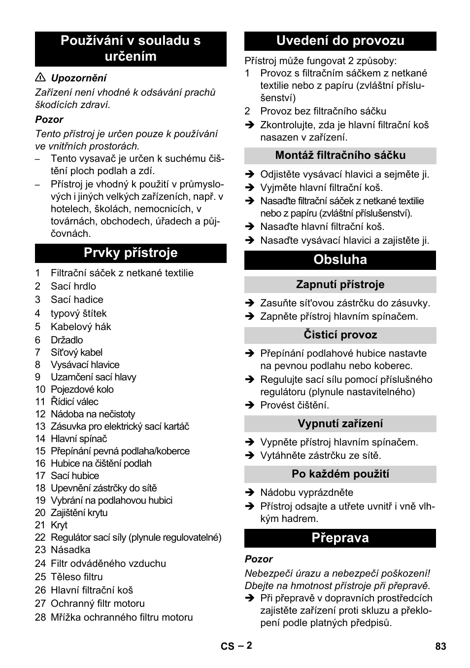 Obsluha, Přeprava | Karcher T 12-1 eco!efficiency User Manual | Page 83 / 152