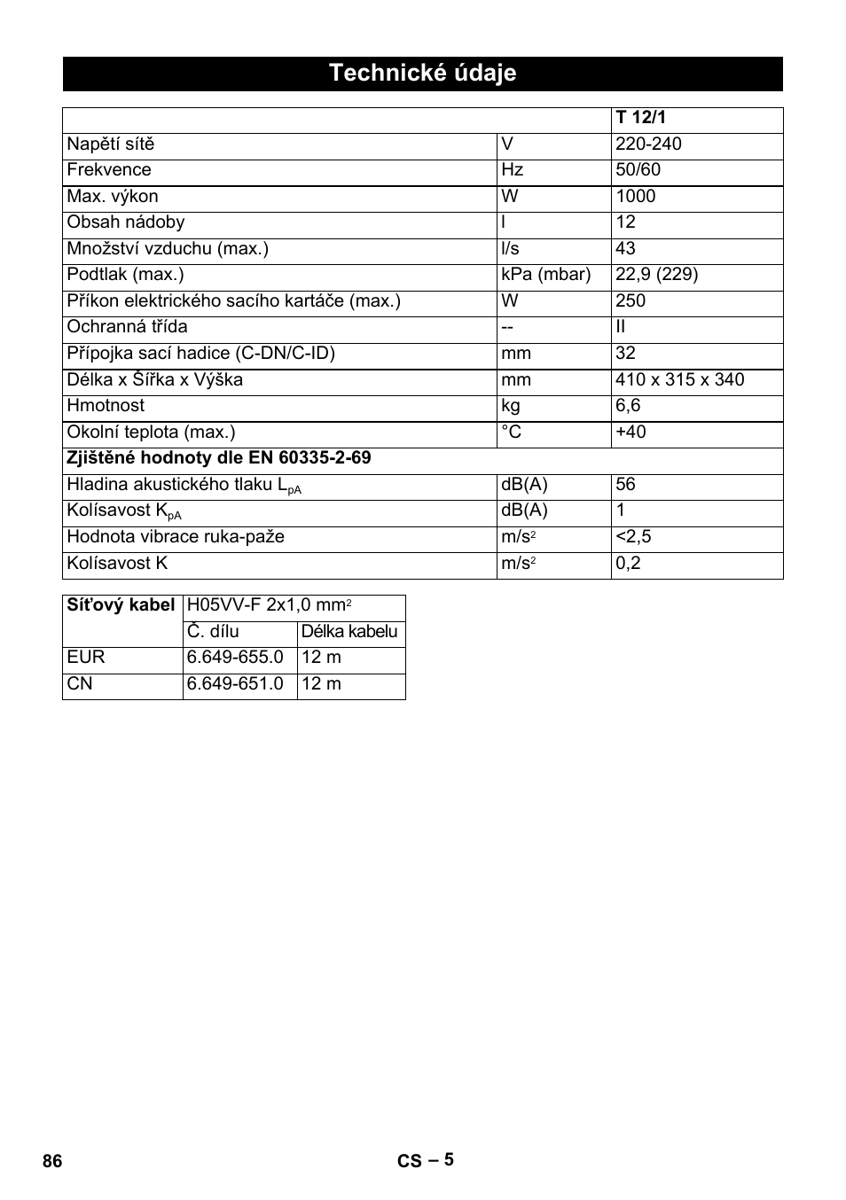 Technické údaje | Karcher T 12-1 eco!efficiency User Manual | Page 86 / 152