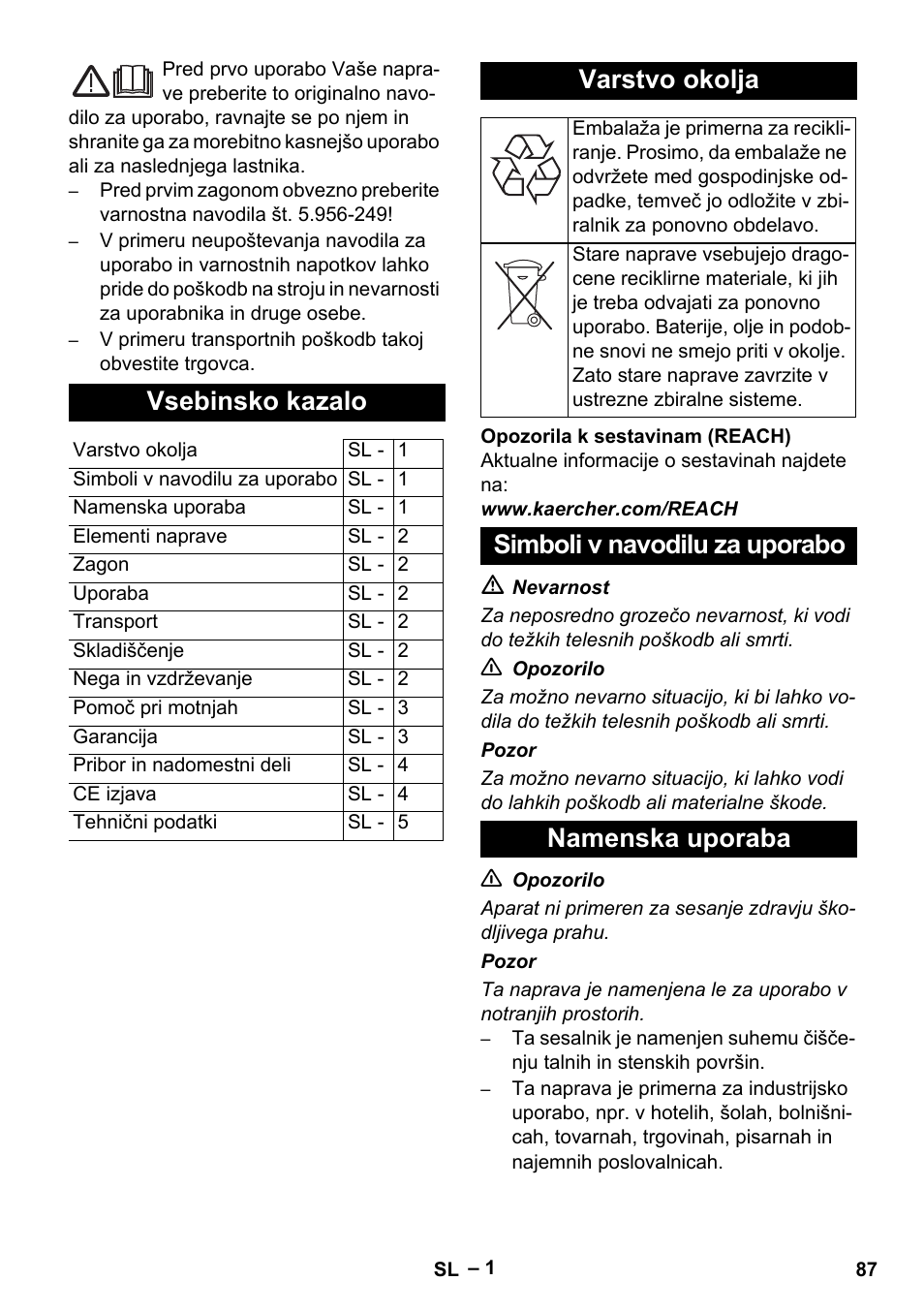 Slovenščina, Slovenšina, Vsebinsko kazalo | Varstvo okolja, Simboli v navodilu za uporabo namenska uporaba | Karcher T 12-1 eco!efficiency User Manual | Page 87 / 152