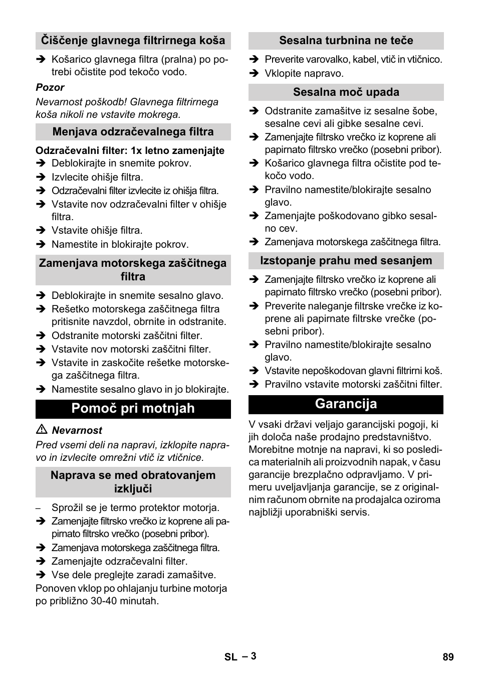 Pomoč pri motnjah, Garancija | Karcher T 12-1 eco!efficiency User Manual | Page 89 / 152
