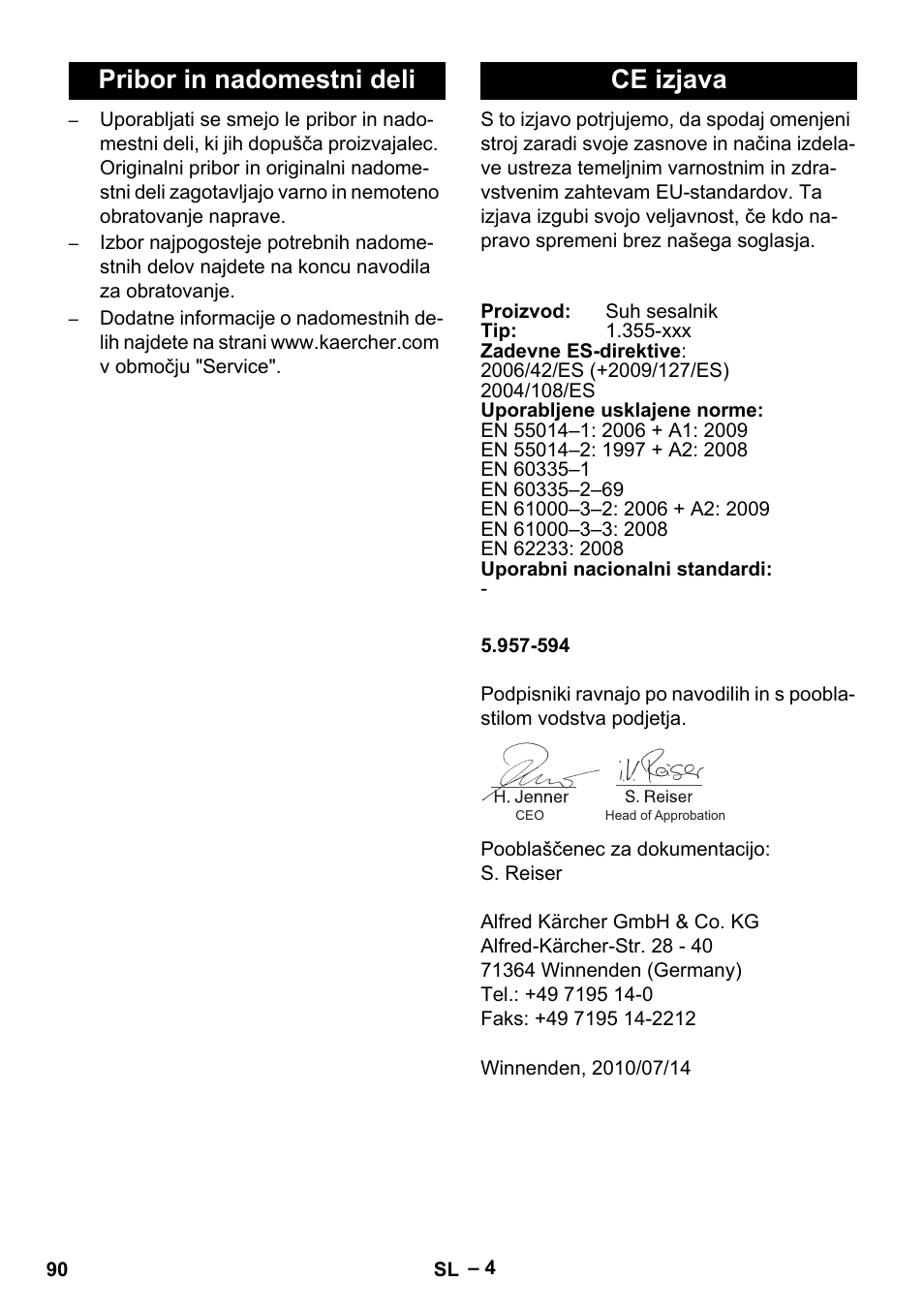 Pribor in nadomestni deli ce izjava | Karcher T 12-1 eco!efficiency User Manual | Page 90 / 152