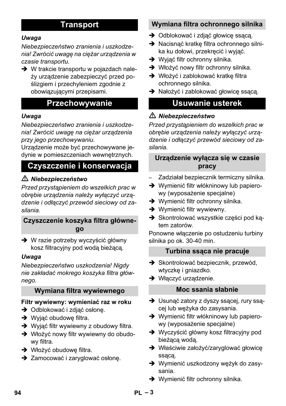 Transport przechowywanie czyszczenie i konserwacja, Usuwanie usterek | Karcher T 12-1 eco!efficiency User Manual | Page 94 / 152