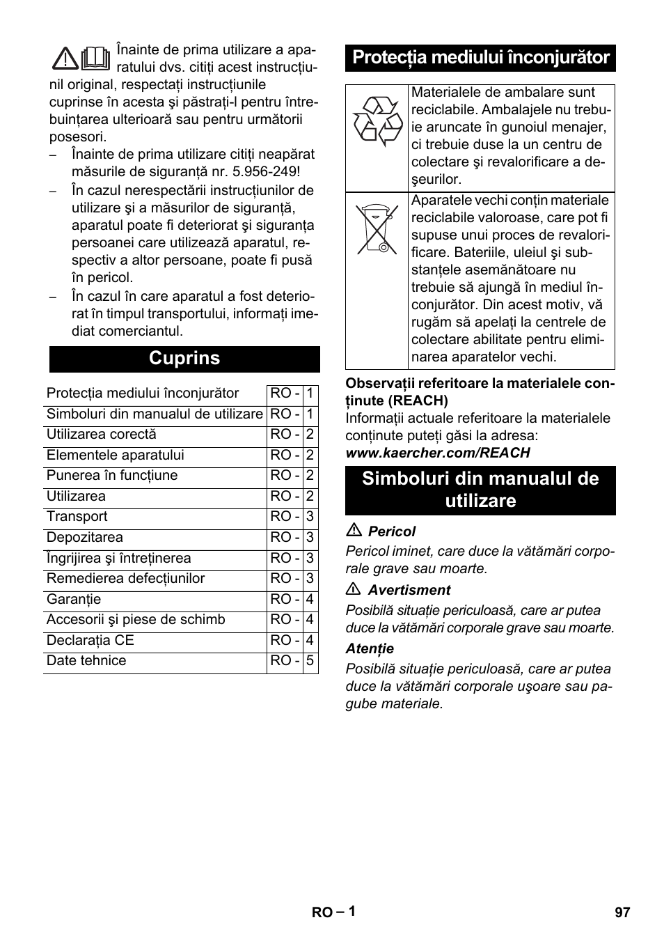 Româneşte, Românete, Cuprins | Protecţia mediului înconjurător, Simboluri din manualul de utilizare | Karcher T 12-1 eco!efficiency User Manual | Page 97 / 152