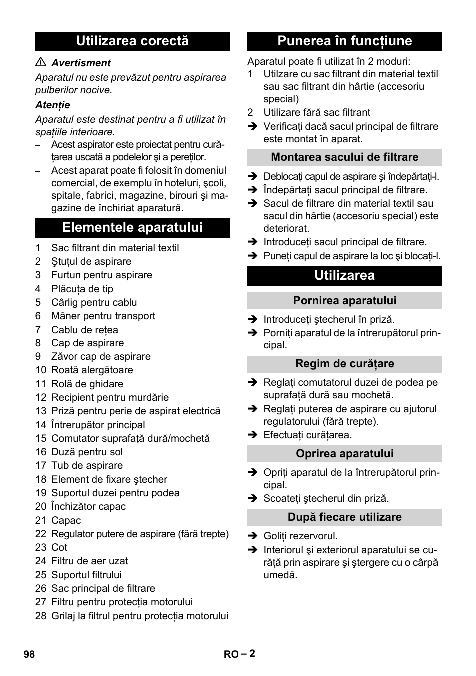 Utilizarea | Karcher T 12-1 eco!efficiency User Manual | Page 98 / 152