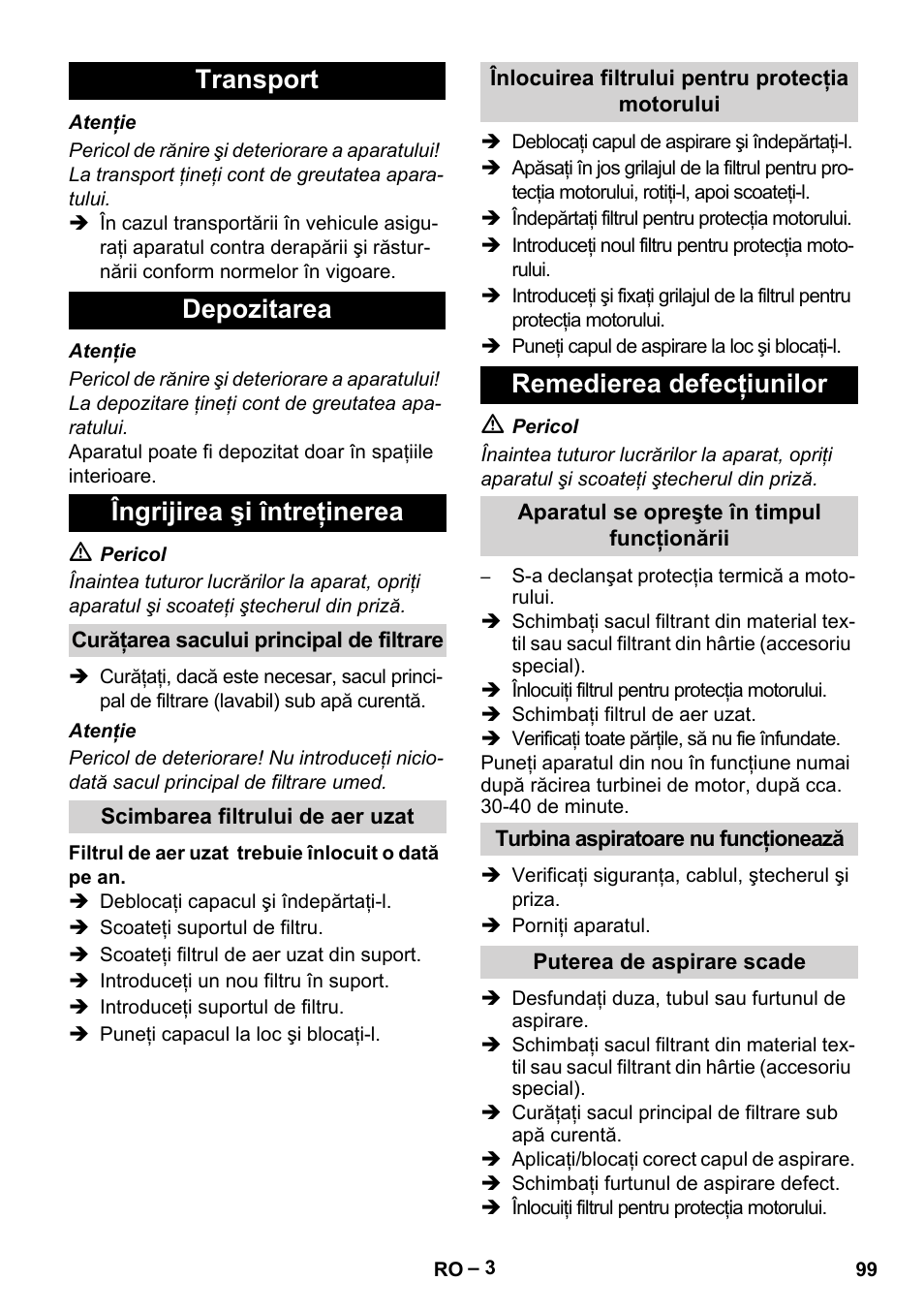 Transport depozitarea îngrijirea şi întreţinerea, Remedierea defecţiunilor | Karcher T 12-1 eco!efficiency User Manual | Page 99 / 152