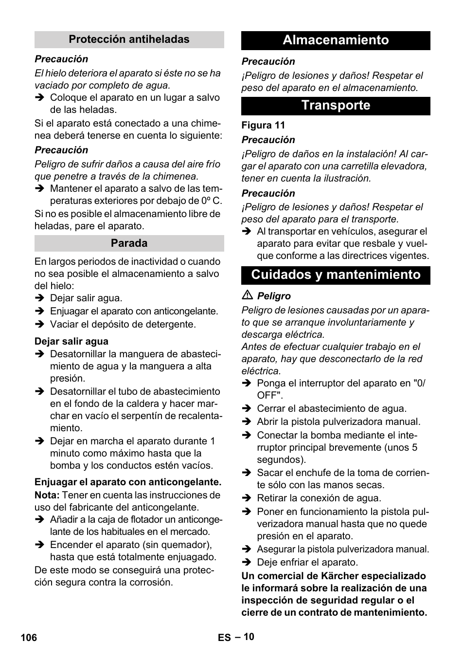 Almacenamiento transporte cuidados y mantenimiento | Karcher HDS 9-18-4M User Manual | Page 106 / 500