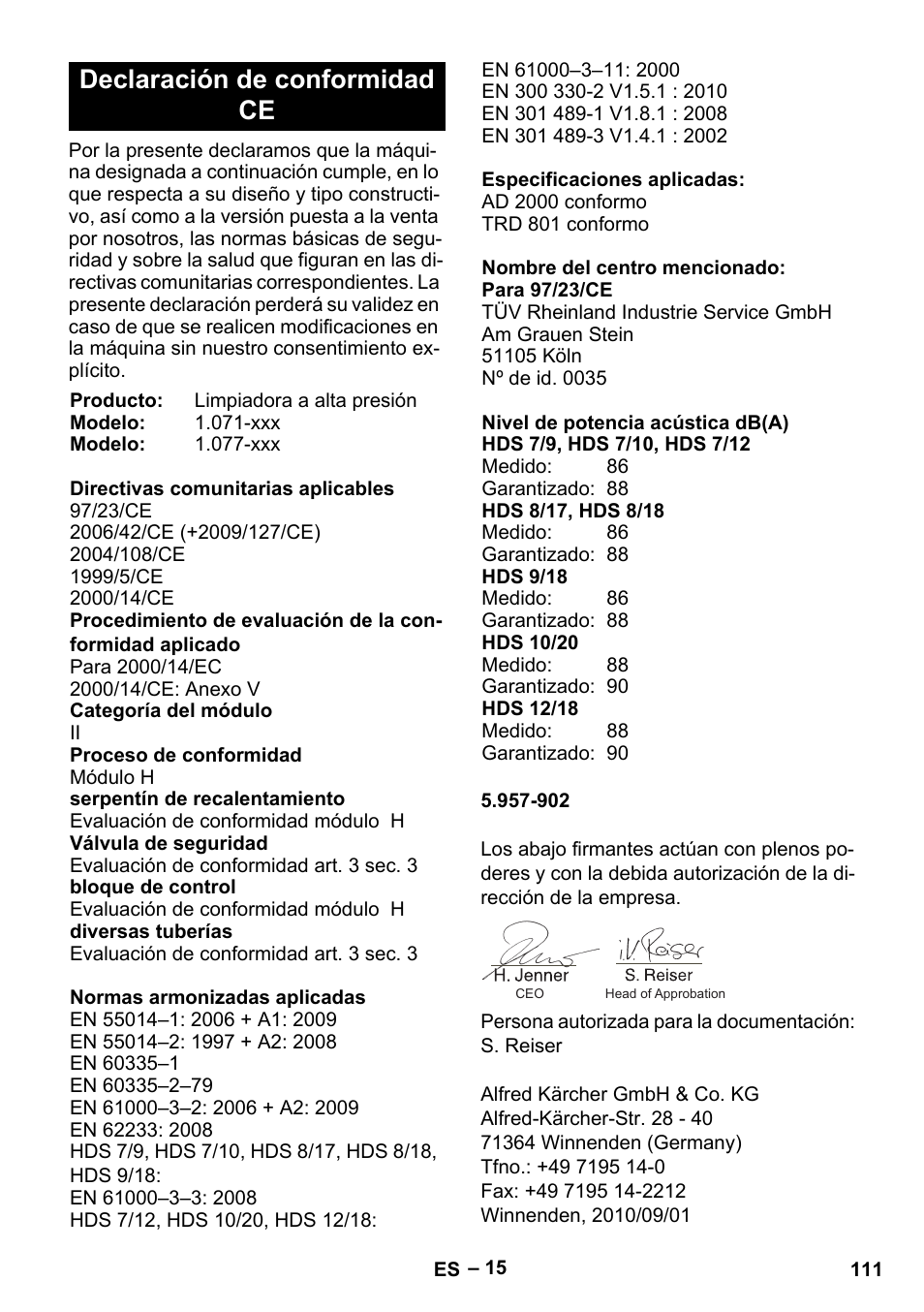 Declaración de conformidad ce | Karcher HDS 9-18-4M User Manual | Page 111 / 500