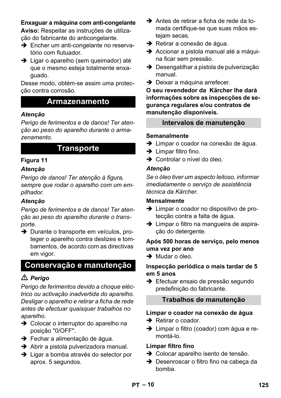 Armazenamento transporte conservação e manutenção | Karcher HDS 9-18-4M User Manual | Page 125 / 500