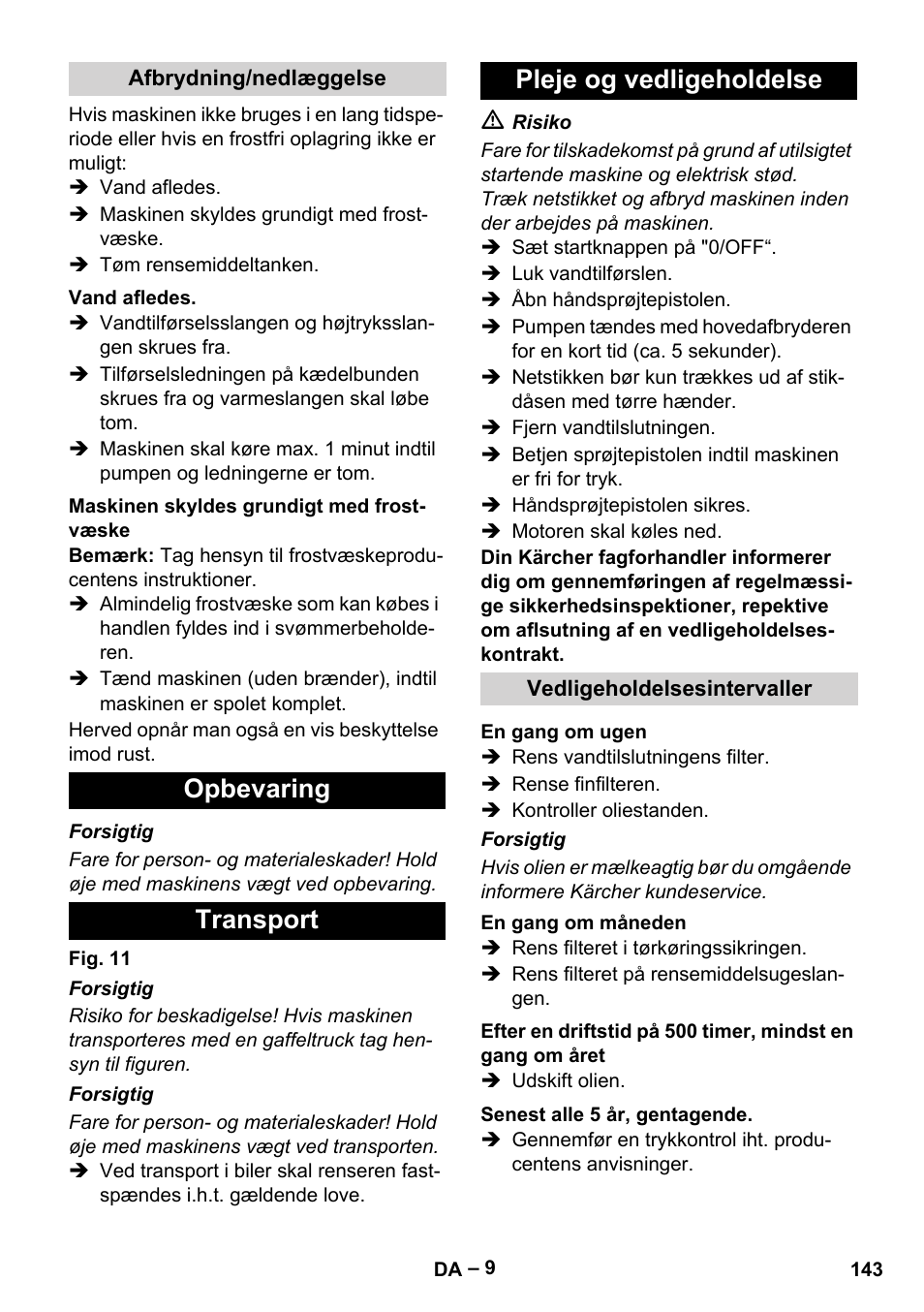 Opbevaring transport pleje og vedligeholdelse | Karcher HDS 9-18-4M User Manual | Page 143 / 500