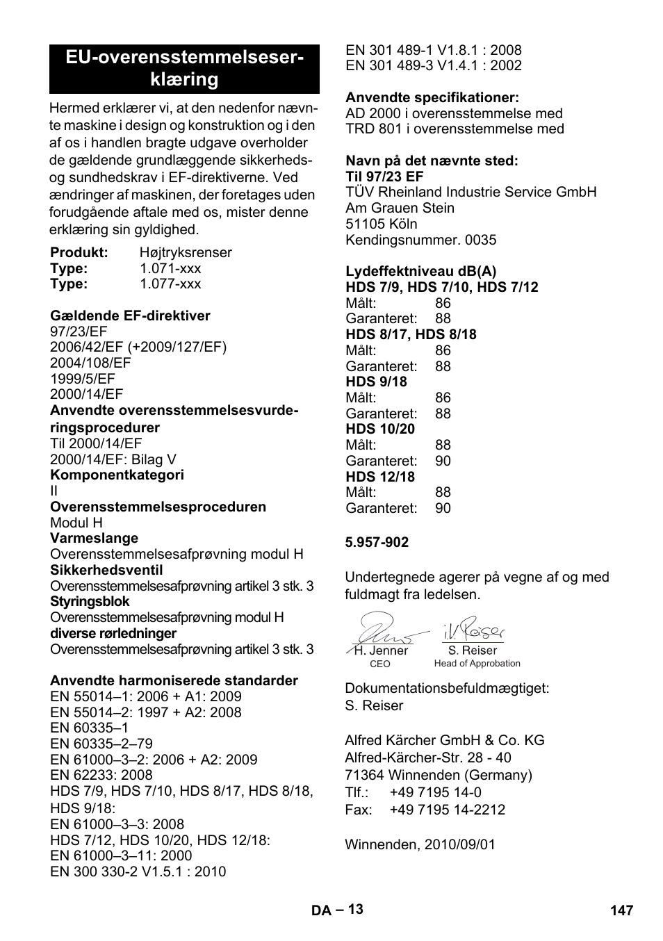 Eu-overensstemmelseser- klæring | Karcher HDS 9-18-4M User Manual | Page 147 / 500