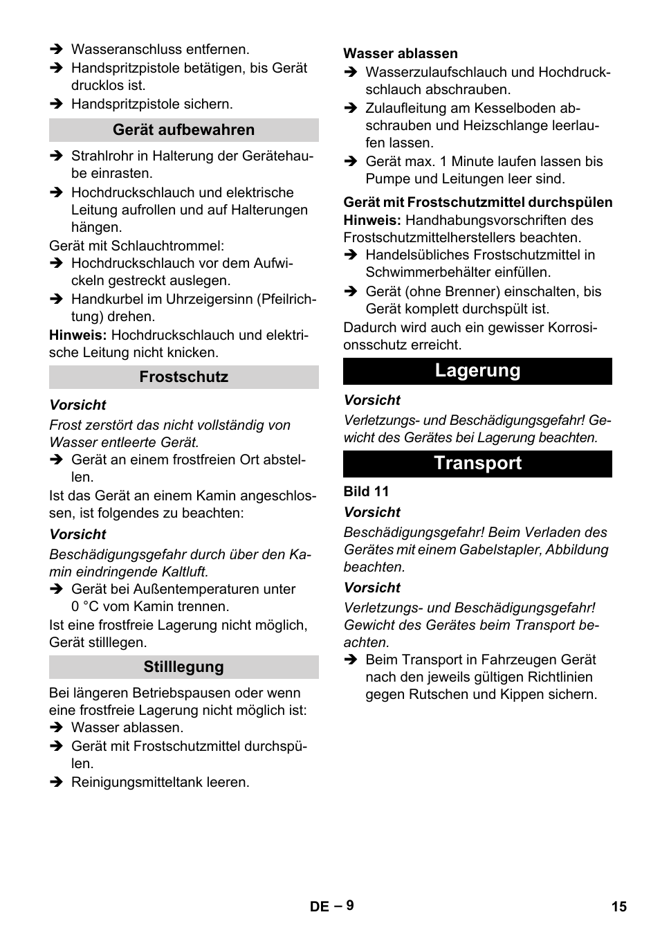 Lagerung transport | Karcher HDS 9-18-4M User Manual | Page 15 / 500