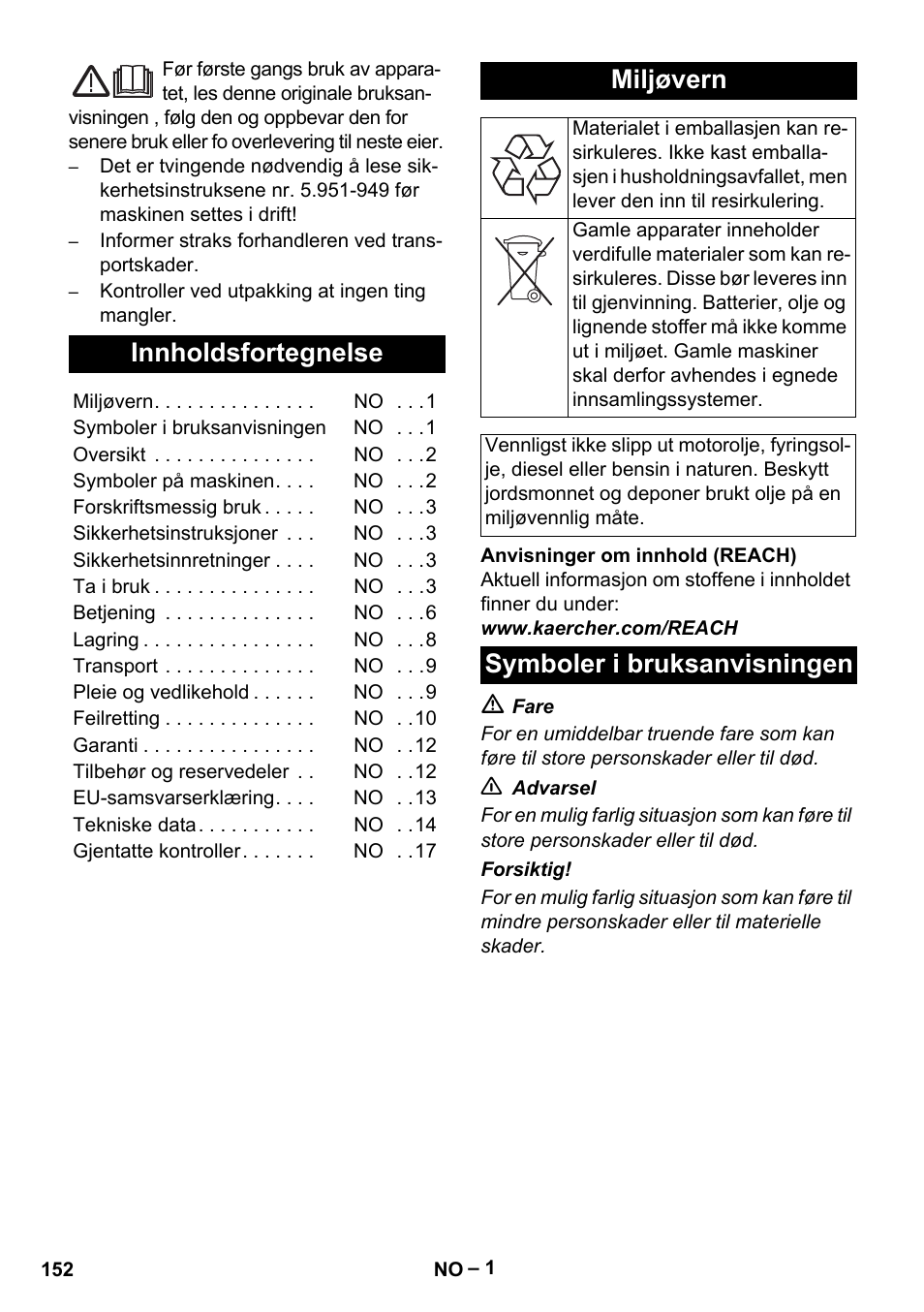 Norsk, Innholdsfortegnelse, Miljøvern | Symboler i bruksanvisningen | Karcher HDS 9-18-4M User Manual | Page 152 / 500