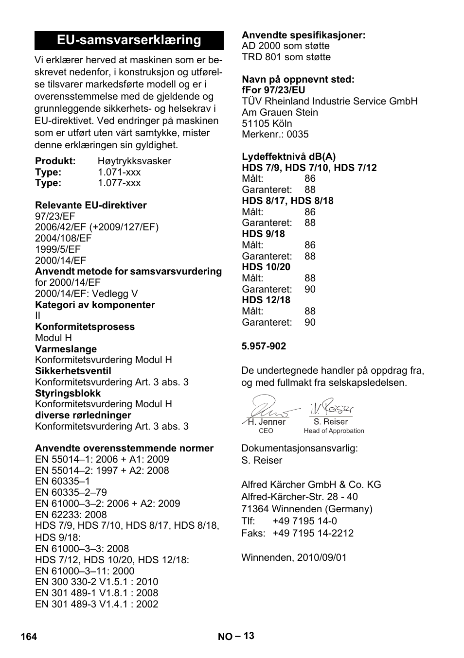 Eu-samsvarserklæring | Karcher HDS 9-18-4M User Manual | Page 164 / 500