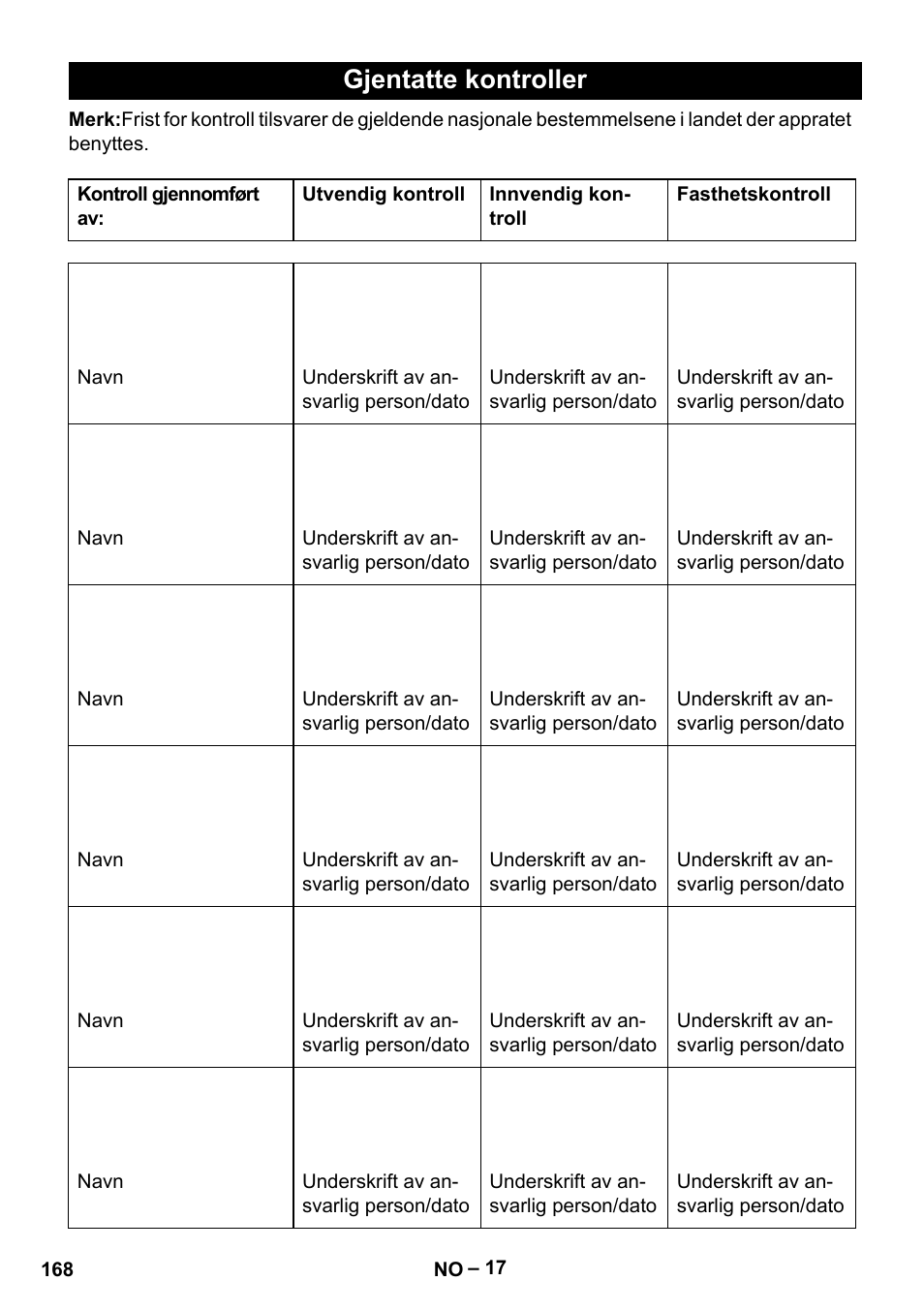 Gjentatte kontroller | Karcher HDS 9-18-4M User Manual | Page 168 / 500