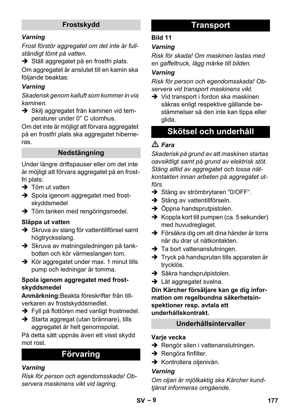 Förvaring transport skötsel och underhåll | Karcher HDS 9-18-4M User Manual | Page 177 / 500