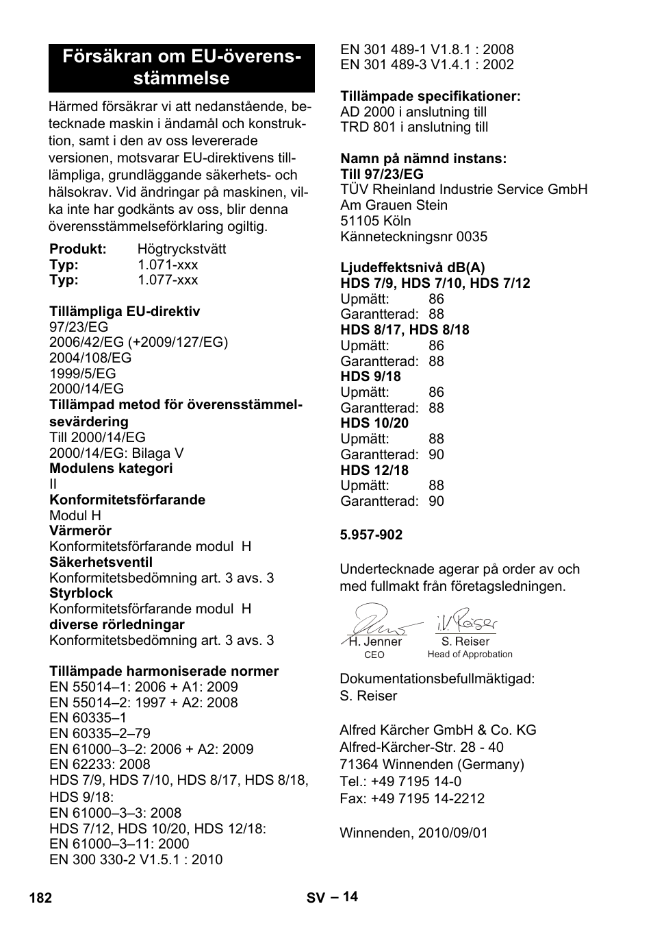 Försäkran om eu-överens- stämmelse | Karcher HDS 9-18-4M User Manual | Page 182 / 500