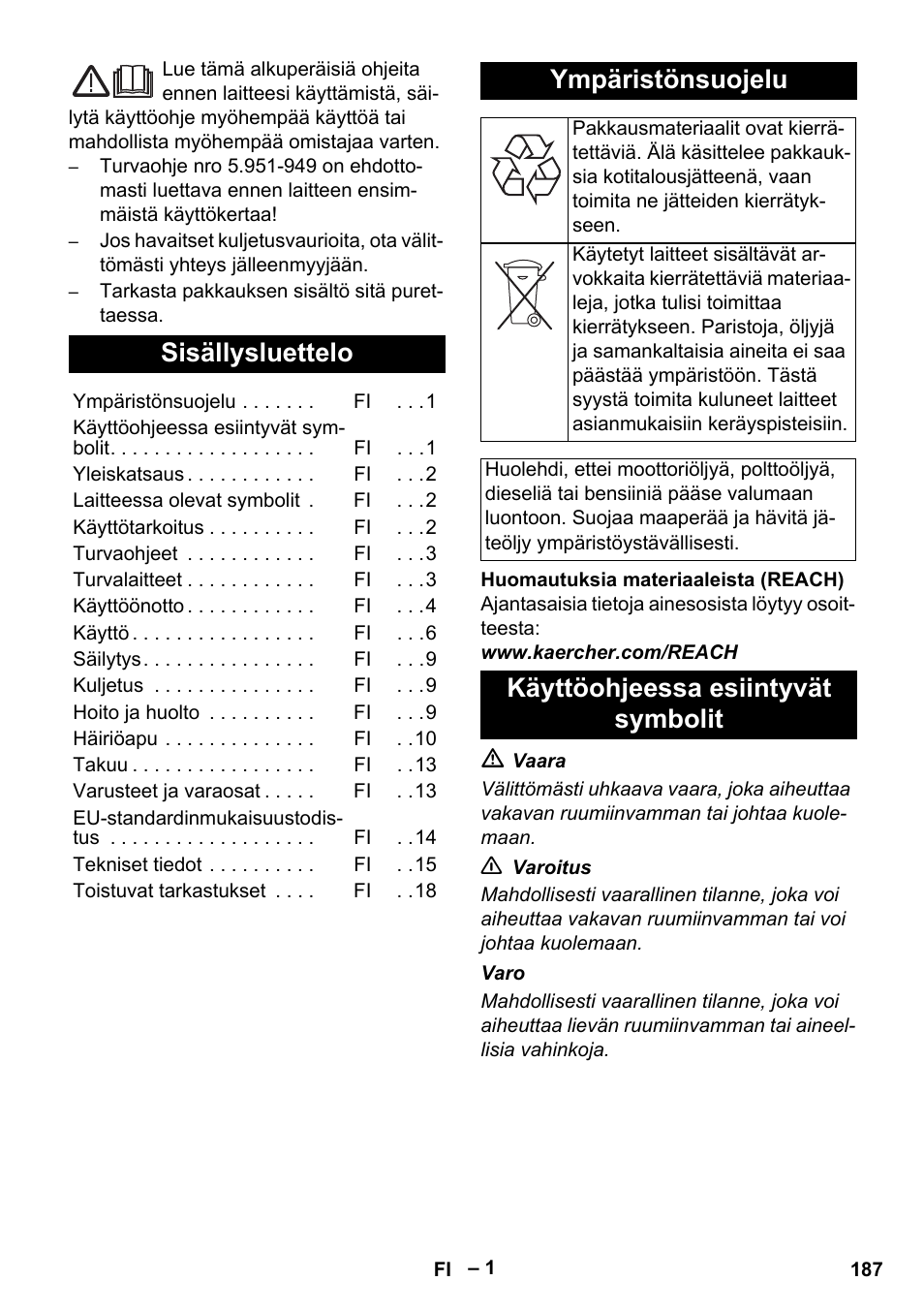 Suomi, Sisällysluettelo, Ympäristönsuojelu | Käyttöohjeessa esiintyvät symbolit | Karcher HDS 9-18-4M User Manual | Page 187 / 500