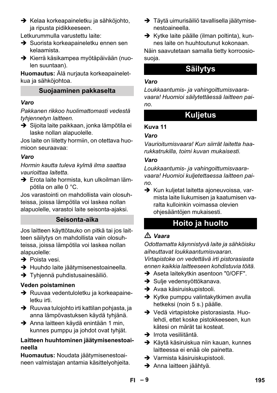 Säilytys kuljetus hoito ja huolto | Karcher HDS 9-18-4M User Manual | Page 195 / 500