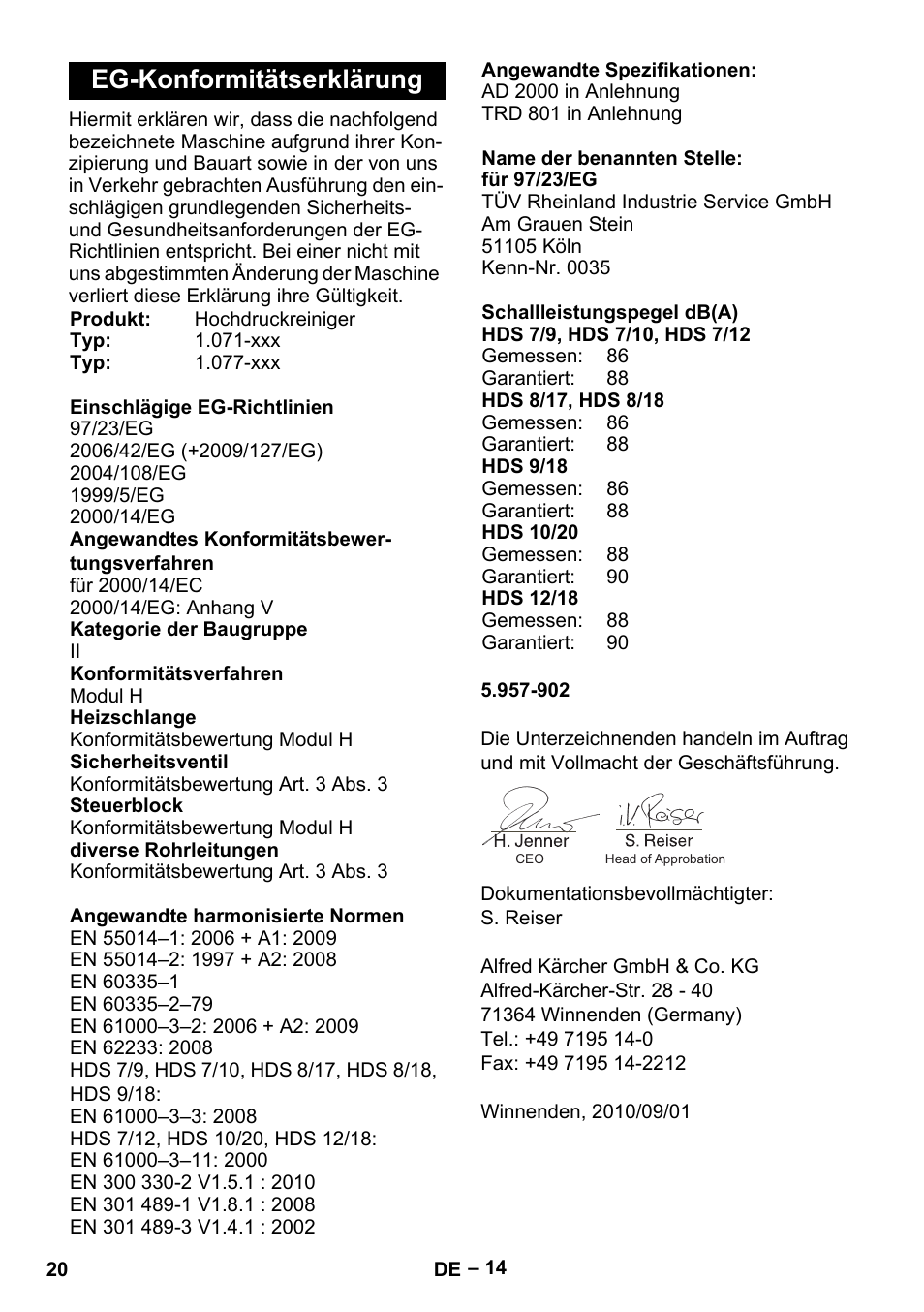 Eg-konformitätserklärung | Karcher HDS 9-18-4M User Manual | Page 20 / 500