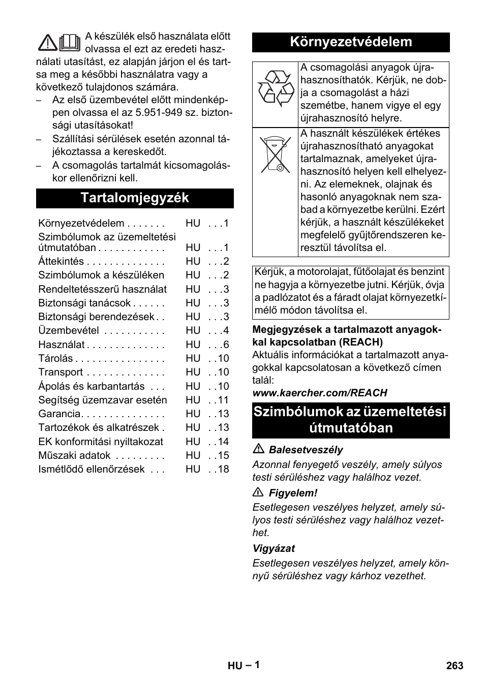 Magyar, Tartalomjegyzék, Környezetvédelem | Szimbólumok az üzemeltetési útmutatóban | Karcher HDS 9-18-4M User Manual | Page 263 / 500