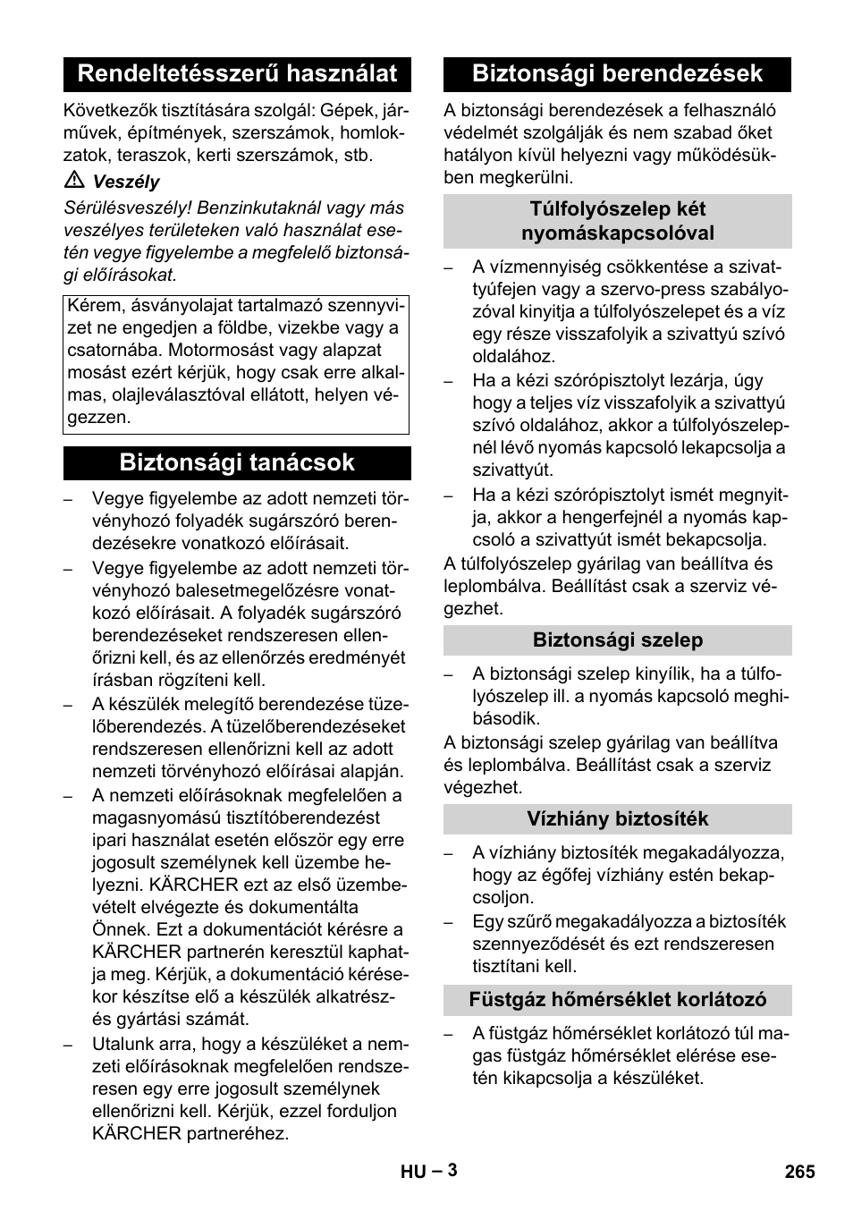 Rendeltetésszerű használat, Biztonsági tanácsok biztonsági berendezések | Karcher HDS 9-18-4M User Manual | Page 265 / 500