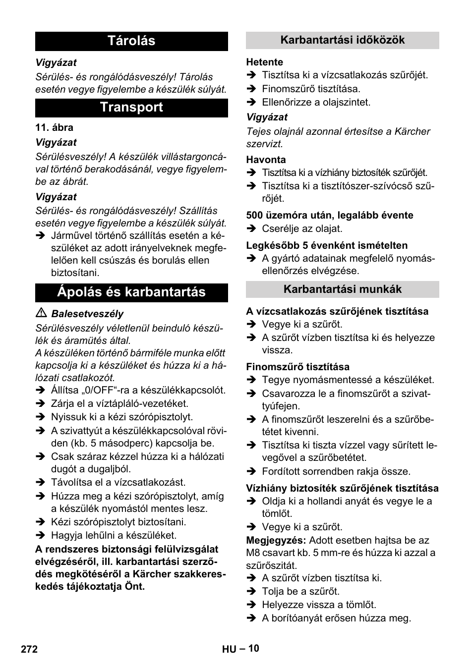 Tárolás transport ápolás és karbantartás | Karcher HDS 9-18-4M User Manual | Page 272 / 500