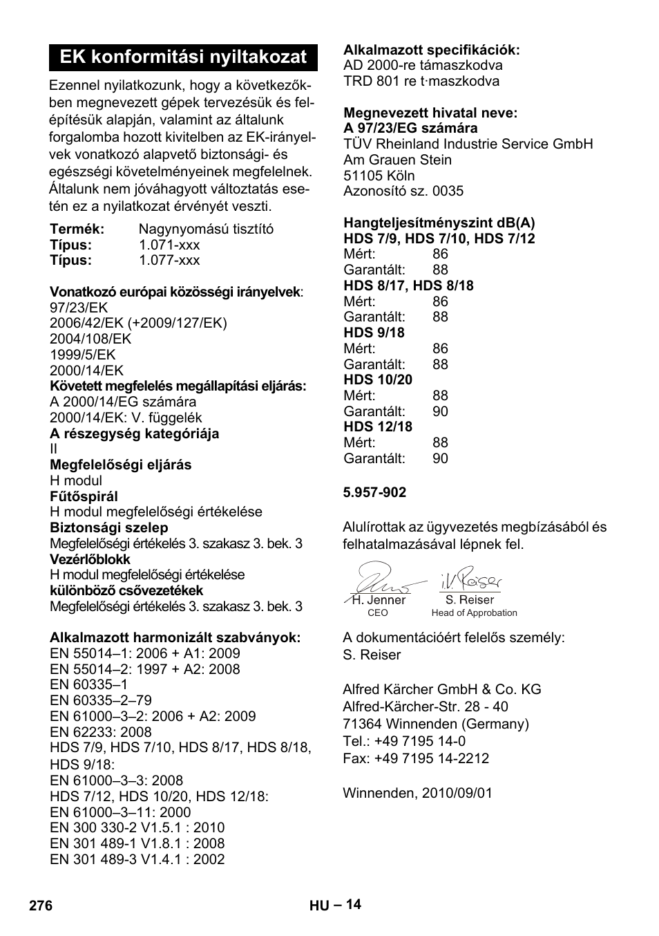 Ek konformitási nyiltakozat | Karcher HDS 9-18-4M User Manual | Page 276 / 500