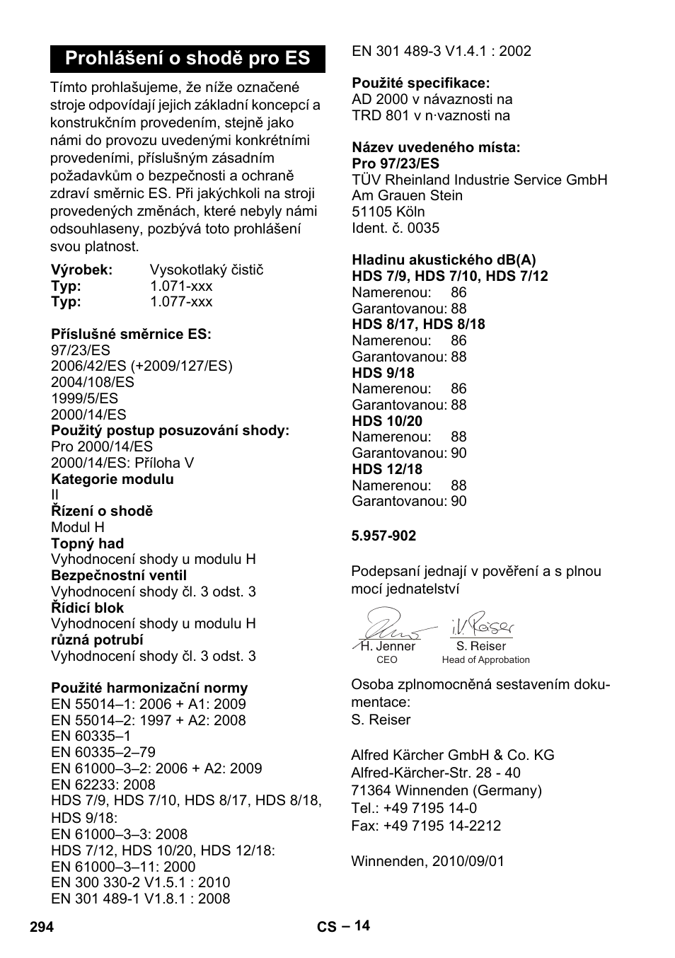 Prohlášení o shodě pro es | Karcher HDS 9-18-4M User Manual | Page 294 / 500