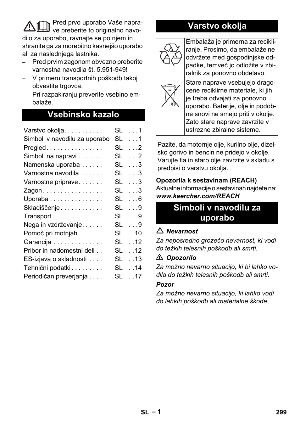 Slovenščina, Slovenšina, Vsebinsko kazalo | Varstvo okolja, Simboli v navodilu za uporabo | Karcher HDS 9-18-4M User Manual | Page 299 / 500