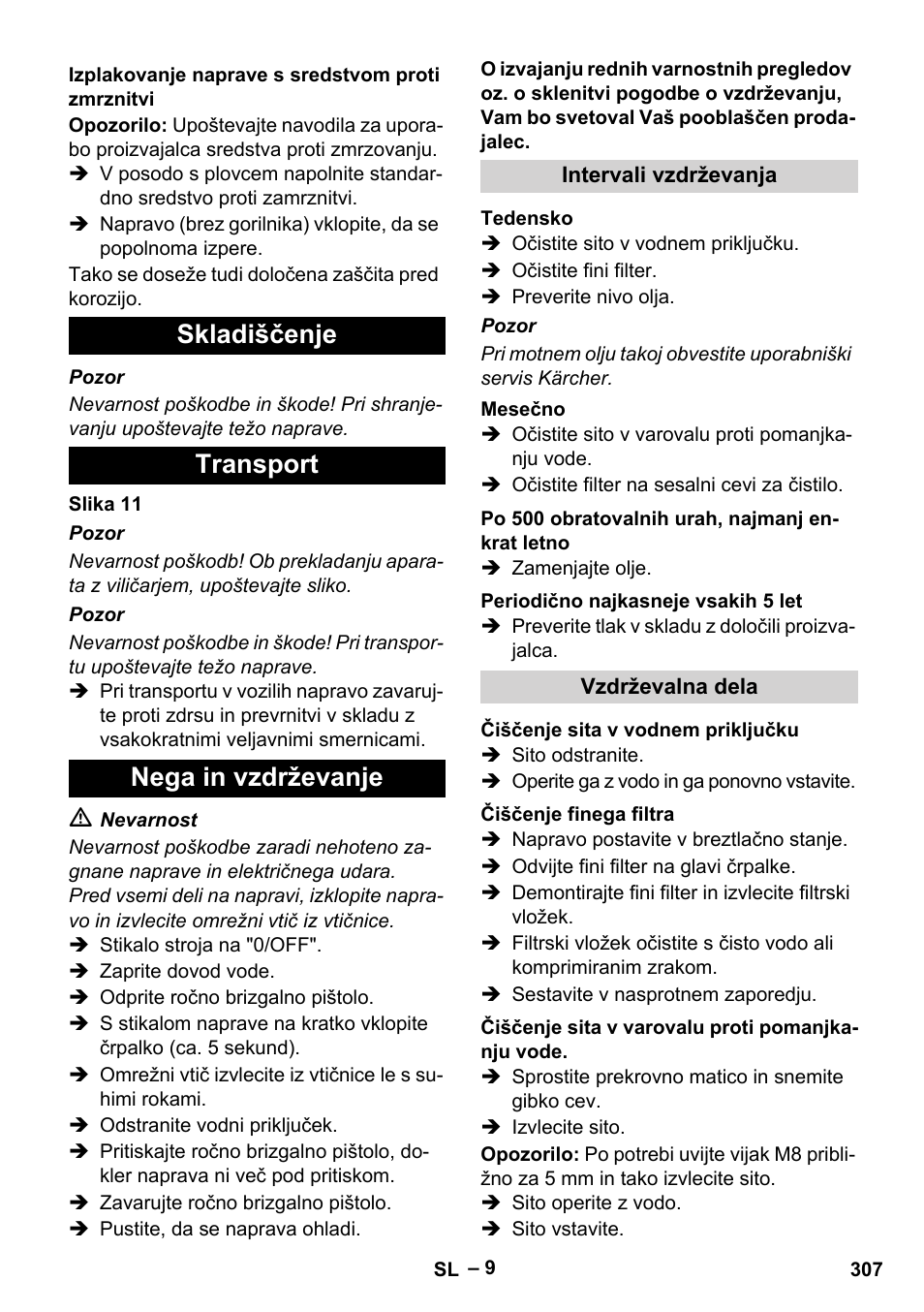 Skladiščenje transport nega in vzdrževanje | Karcher HDS 9-18-4M User Manual | Page 307 / 500