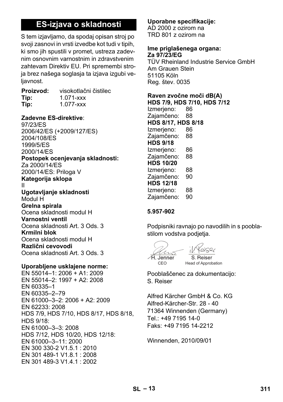 Es-izjava o skladnosti | Karcher HDS 9-18-4M User Manual | Page 311 / 500