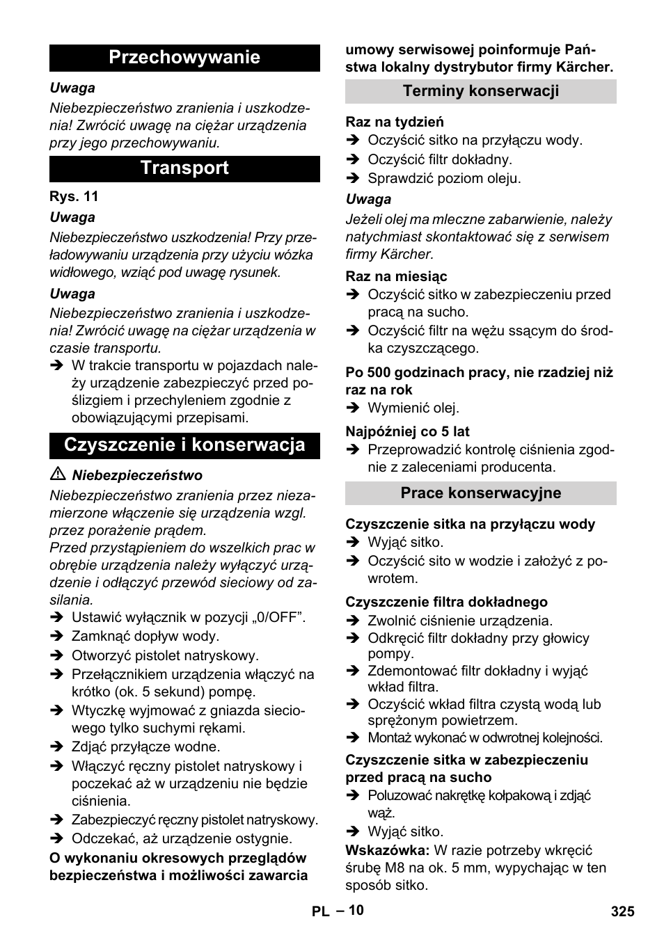 Przechowywanie transport czyszczenie i konserwacja | Karcher HDS 9-18-4M User Manual | Page 325 / 500