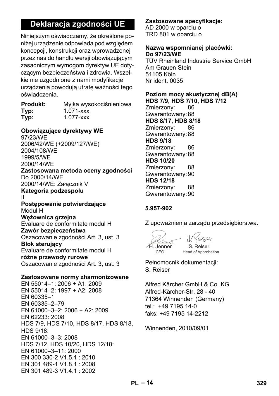 Deklaracja zgodności ue | Karcher HDS 9-18-4M User Manual | Page 329 / 500