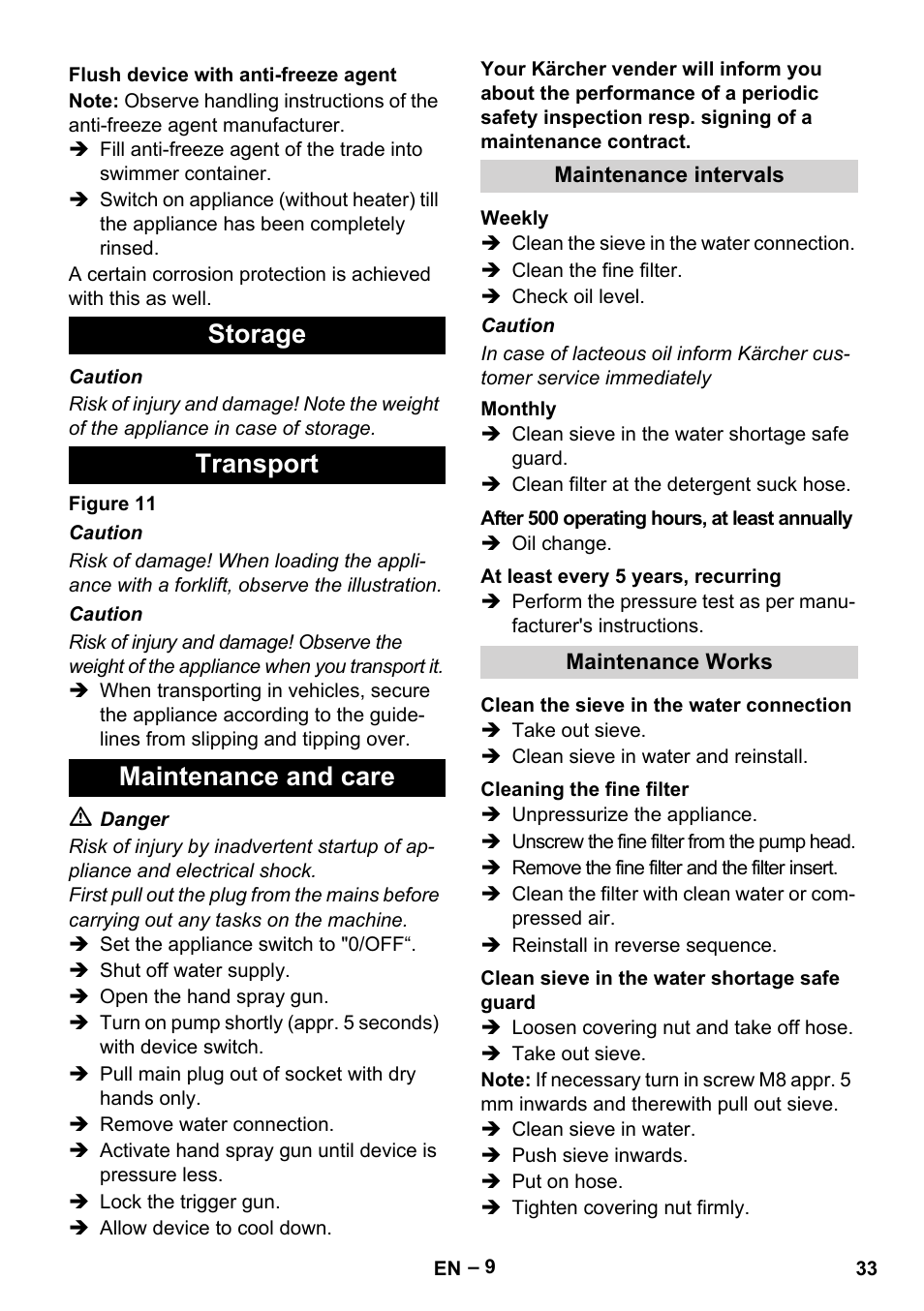 Storage transport maintenance and care | Karcher HDS 9-18-4M User Manual | Page 33 / 500