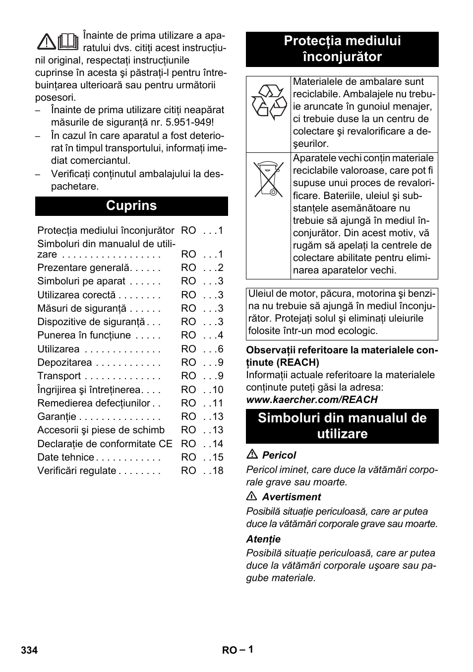 Româneşte, Românete, Cuprins | Protecţia mediului înconjurător, Simboluri din manualul de utilizare | Karcher HDS 9-18-4M User Manual | Page 334 / 500